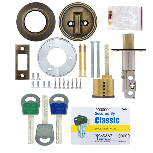 Замок врезной Mul-t-lock Dead Bolt DBM Classic (ключ-тумблер) античная латунь
