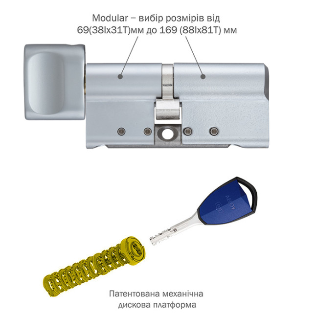 Циліндр Abloy Protec 2 Hard + Cliq 69 (38Hx31T) CY333 HCR матовий хром ключ-тумблер