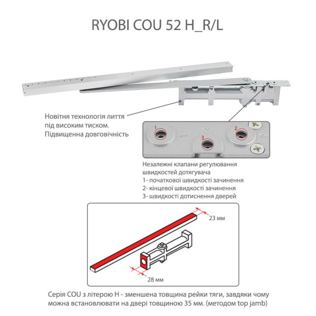 Доводчик врезной RYOBI COU-50 COU-52H L ALUMINIUM SLD ARM EN 2 45кг 900мм RIGHT Доводчик врезной RYOBI COU-50 COU-52H L ALUMINIUM SLD ARM EN 2 45кг 900мм RIGHT