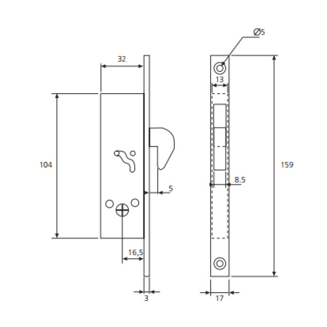 Замок врізний TESA 1-WAY DIN 2270 NM UNIV 3KEY SP