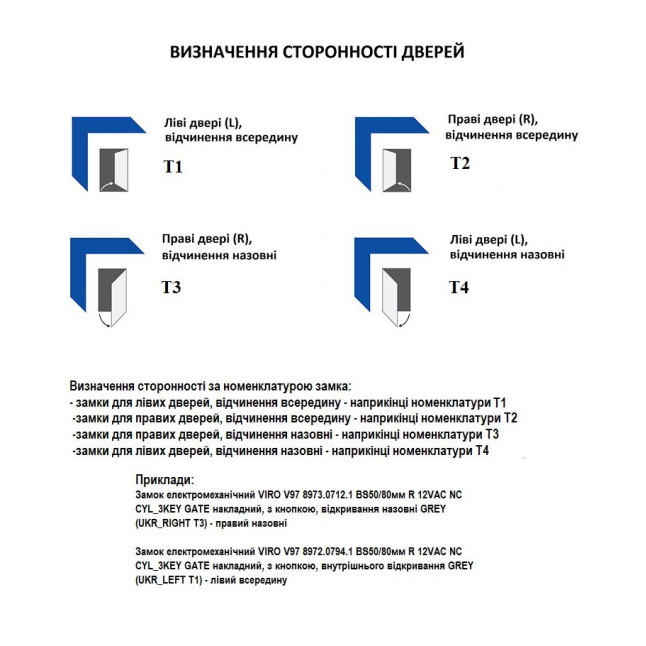 Замок электромеханический VIRO V97 8973.0712.1 BS50/80мм R 12VAC NC CYL 3KEY GATE накладной, с кнопкой, открывание наружу GREY (UKR RIGHT T3)