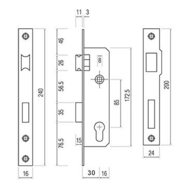 Корпус замка Siba ALU 10053-30 CP для алюминиевой двери Корпус замка Siba ALU 10053-30 CP для алюминиевой двери