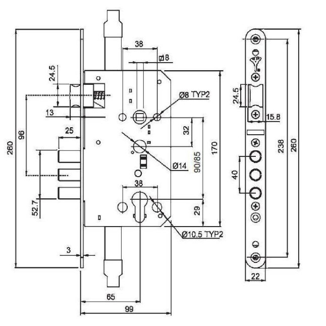 Корпус замка Mul-t-lock MPL 212 (межцентр 85 мм)