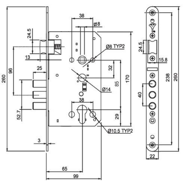 Корпус замка Mul-t-lock (межцентр 85 мм) SPLR 214