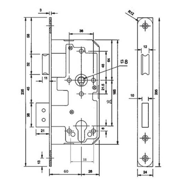 Корпус замка Santos Sash lock 7 (60/90) SS нержавіюча сталь