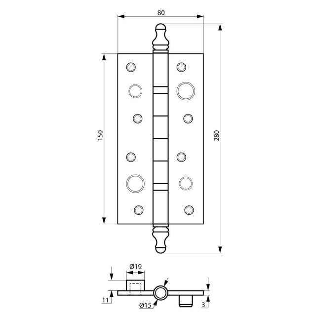 Петля дверная карточная Siba 2BB (150x80x3 мм) BP полированная латунь Петля дверная карточная Siba 2BB (150x80x3 мм) BP полированная латунь