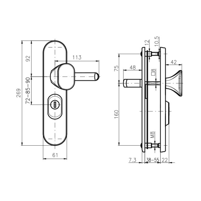 Фурнитура защитная ROSTEX UNIVERSAL R fix-mov DIN PLATE 85мм титан PVD 22мм 71-85мм 3клас Ovalne/Baryt TI комплект