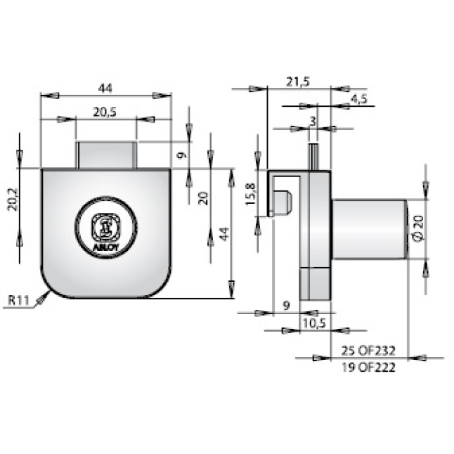 Замок меблевий ABLOY OF232 20мм 25,0мм 11_DISCS CR EXEC 2KEY EXC_E E1B44 BOX