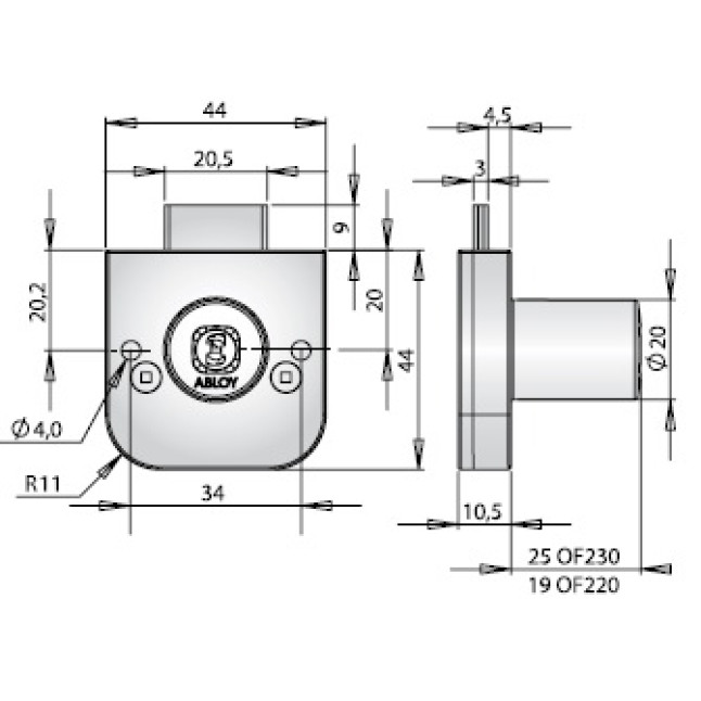 Замок меблевий ABLOY OF230 20мм 25,0мм 11_DISCS CR *PROTEC2 2KEY PR2_T TA77ZZ BOX