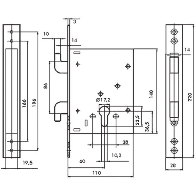 Замок врізний MUL-T-LOCK 1-WAY DIN 352K NC UNIV BS60мм SP