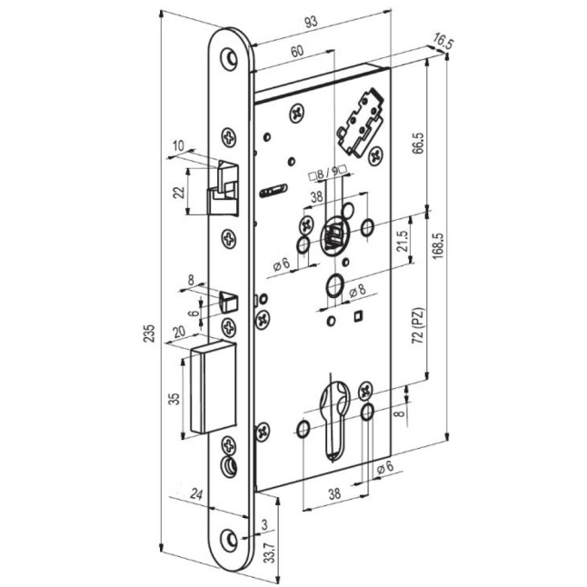 Замок електромеханічний ABLOY EL 561 BS60мм 72мм FP24 RS UNIV DIN SOL 12-24V NC/NO EI EL542/543